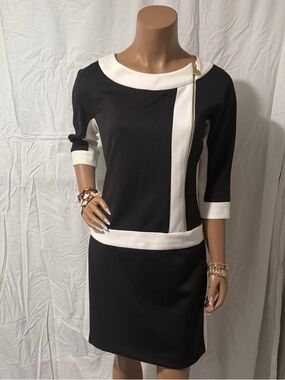Ellen Tracy Black and White Long Sleeve Contrast Sheath Dress Dress has lining☑️